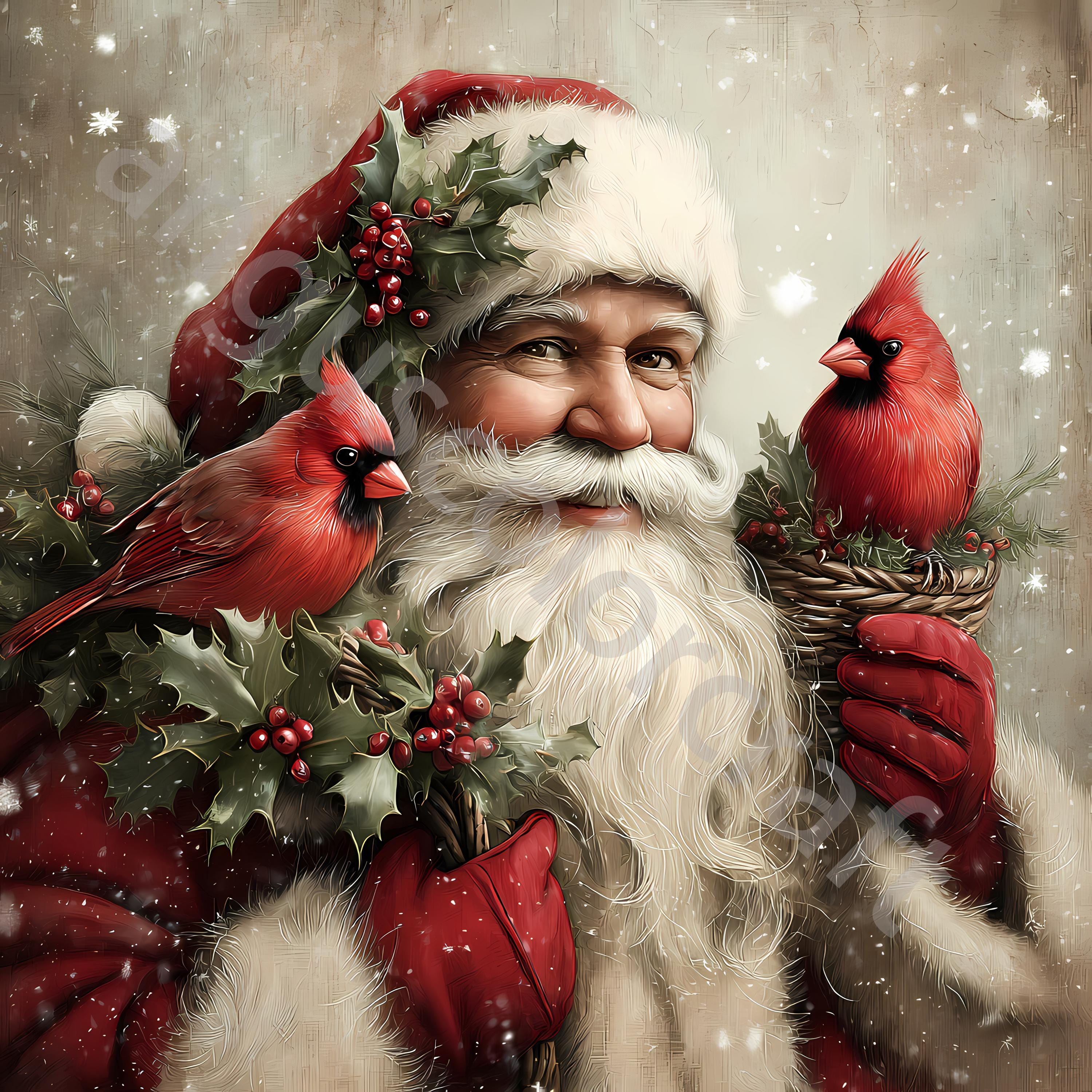 Vintage Santa With Cardinal Clip Art, Watercolor Clipart 10 JPG, Junk ...