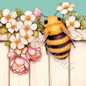 May include: A fuzzy bumblebee with black and yellow stripes rests on a white wooden fence. The bee is surrounded by clusters of white and pink flowers with green leaves against a light blue background. The scene is bright and colorful.