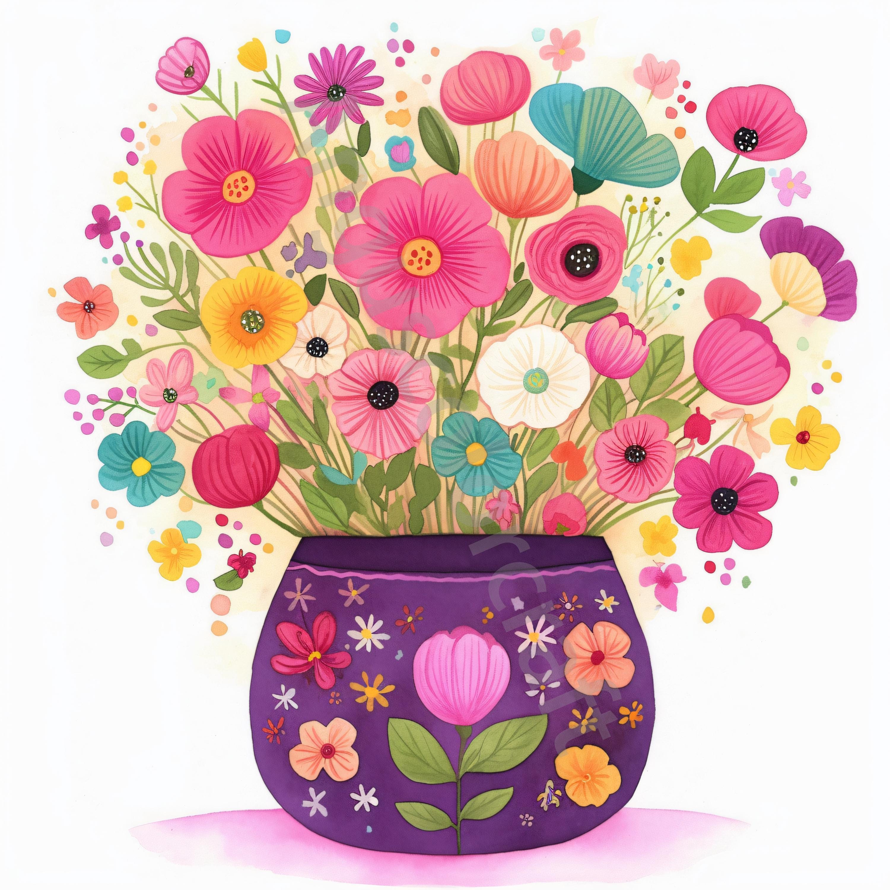 10 Whimsical Flower Set2 Clipart, Vase of Flower Clipart, High Res JPG,  Digital Download, Watercolor Clipart, Printables, Commercial License - Etsy, image size:3000x3000