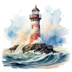 Acque furiose, Mare arrabbiato, Faro Clipart Art- 16 JPG di alta qualità - Download digitale - Creazione di carte, Regalo, Personalizzato, Uso commerciale