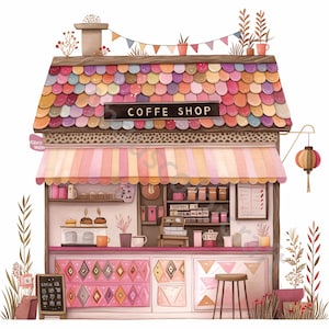10 Clip Art di Coffee Shop, Clipart ad acquerello JPG, Diario spazzatura, Album di ritagli, Creazione di biglietti, Download digitale, Fantasy, Coffee Shop stravagante