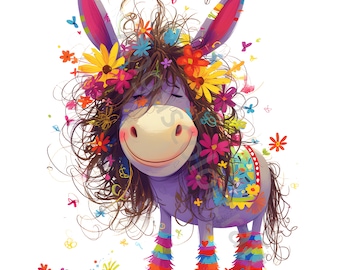 Frazzled Donkey With Flowers Clip Art 13 High Res Watercolor Clipart JPGs, Junk Journaling, Scrapbooking, Card Making, Digital Download Kit