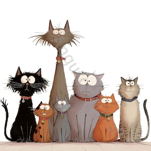 11 foto van katten illustraties aquarel clipart jpg's, ongewenste dagboek, plakboek, kaarten maken, digitale downloadkit, grappige cartoon katje uitgeput