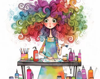 Puede incluir: Una joven artista con el pelo arcoíris pinta en una mesa con botellas de pintura de colores y pinceles.