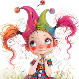 16 imágenes prediseñadas de chica payaso peculiar, uso comercial, imágenes prediseñadas de acuarela efímera caprichosa JPG, descarga instantánea, diario basura de fantasía, arte de papel