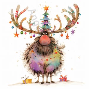10 eigenzinnige kerstrendieren illustraties, aquarel clipart JPG, ongewenste journaling, plakboek, kaarten maken, digitale download, fantasie, grillig