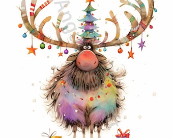 10 Quirky Christmas Reindeer Clip Art, Watercolor Clipart JPG, Junk Journaling, Scrapbook, Card Making, Digital Download, Fantasy, Whimsical