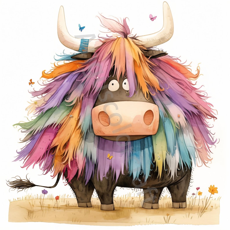 10 JPG Quirky Highland Cow Clip art, Vintage Watercolor, Junk Journaling, Scrapbook Card, Making Digital, Download Fantasy, Whimsical Animal, Printables, Scrapbook, Crafts Card Making, Home Decor, Paper craft, junk journals,  Card Making,  Wall art