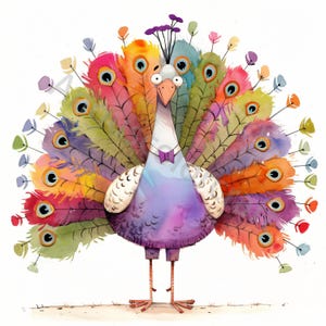 10 JPG schrullig Pfau Clip Art, Aquarell Clipart, Junk Journaling, Scrapbook, Kartenherstellung, digitaler Download, wunderliches niedliches Tier Fantasy