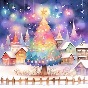 Kerstboom in Snowy Village clip art bundel, 10 aquarel jpg's, digitale download