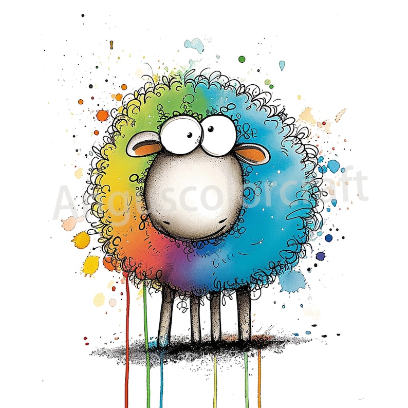 May include: A cartoon sheep with a rainbow colored wool coat and big eyes. The sheep is standing on a white background with colorful paint splatters.
