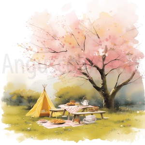 Clipart pique-nique de printemps aquarelle - 21 fichiers JPG de haute qualité - Clipart de paysage de printemps - aquarelle prairie nature-cerisier en fleurs, Sakura
