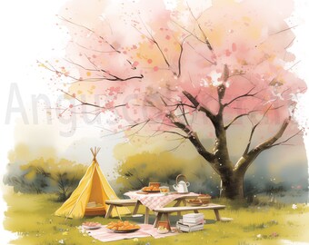 May include: A watercolor painting of a picnic scene under a blooming pink cherry blossom tree. A yellow tent, a checkered picnic blanket, and a table with food and drinks are set up on the green grass.