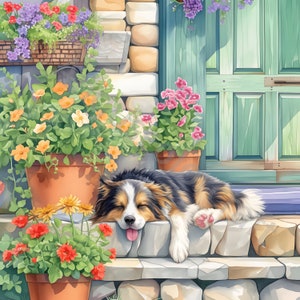 Clipart de jardim, pacote de clipart de cachorro dormindo 10 JPG em aquarela de alta qualidade para registro em diário de lixo, álbum de recortes, artesanato, download digital, cachorrinho
