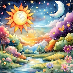 Fantasy Sonne Mond Sterne Clip Art 12 hochauflösende JPGs in Aquarellfarben, Junk Journaling, Scrapbooking, Kartenherstellung, digitaler Download, Magie wunderlich