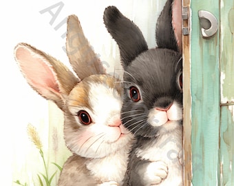 10 Peeking Rabbits Clip Art, Watercolor Clipart JPG, Junk Journal, Scrapbook, Card Making, Digital Download, Fantasy, Whimsical Cute Bunnies