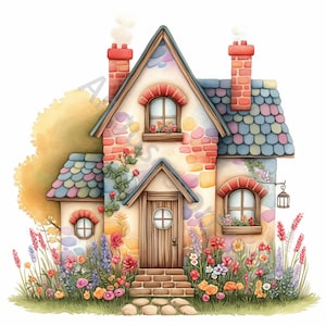 12 Sweet Cottage Clip Art, Watercolor Clipart JPG, Junk Journaling, Scrapbook, Card Making, Digital Download, Fantasy, Whimsical House