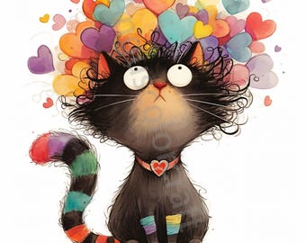 10 Funny Whimsical Love Cat Clipart, Valentine's Day Clipart, JPG, Digital Download, Watercolor Clipart, Printables, Commercial License