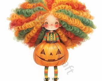 14 JPGs Kürbis Mädchen Clipart, kommerzielle Nutzung, wunderliche Ephemera, Aquarell Halloween Mädchen Clipart, sofortiger Download, Papiermodelle