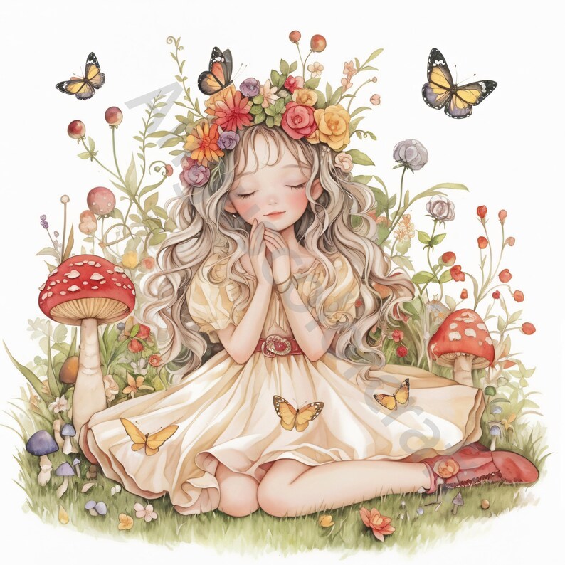 May include: A young girl with long blonde hair wears a floral crown and a white dress. She sits in a field of flowers and mushrooms with butterflies flying around her.