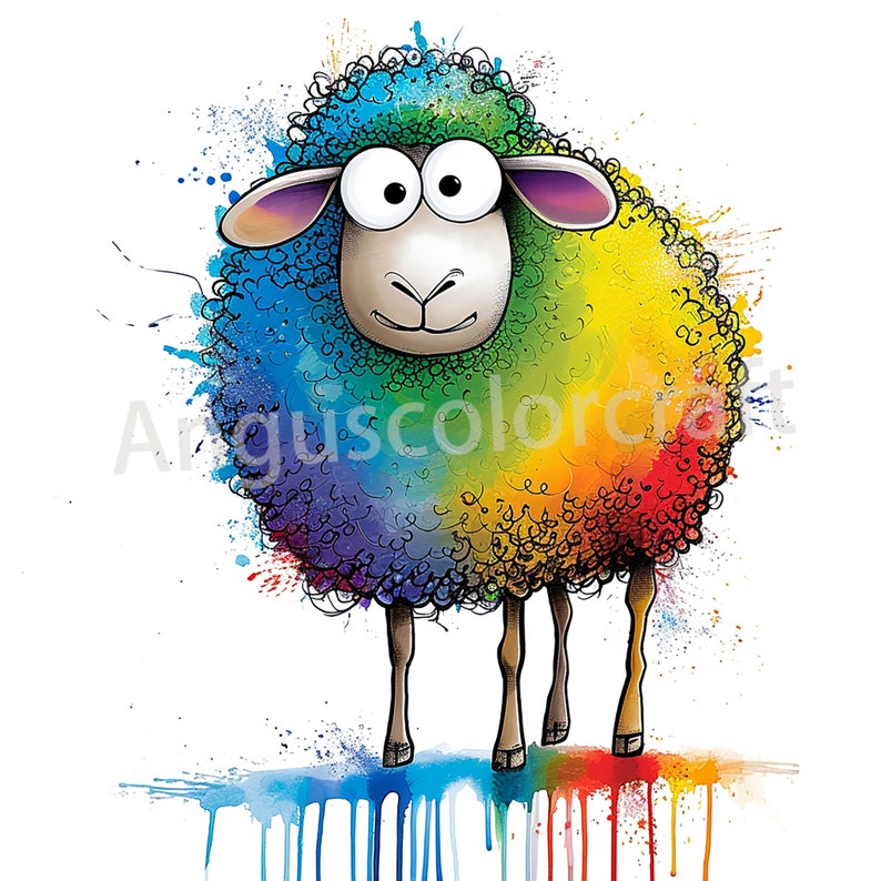 May include: A cartoon sheep with a rainbow colored fleece and big eyes. The sheep is standing on a white background with colorful paint splatters.