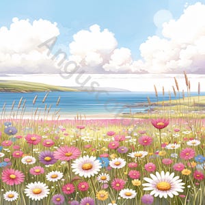10 Clipart di fiori di prato stravaganti di Sea Clip art JPG, download digitale, clipart acquerello, stampabili, licenza commerciale, paesaggio
