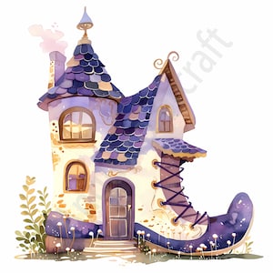 May include: A whimsical purple and white house shaped like a giant boot with a chimney, a door, and windows. The house is surrounded by green plants and white flowers.