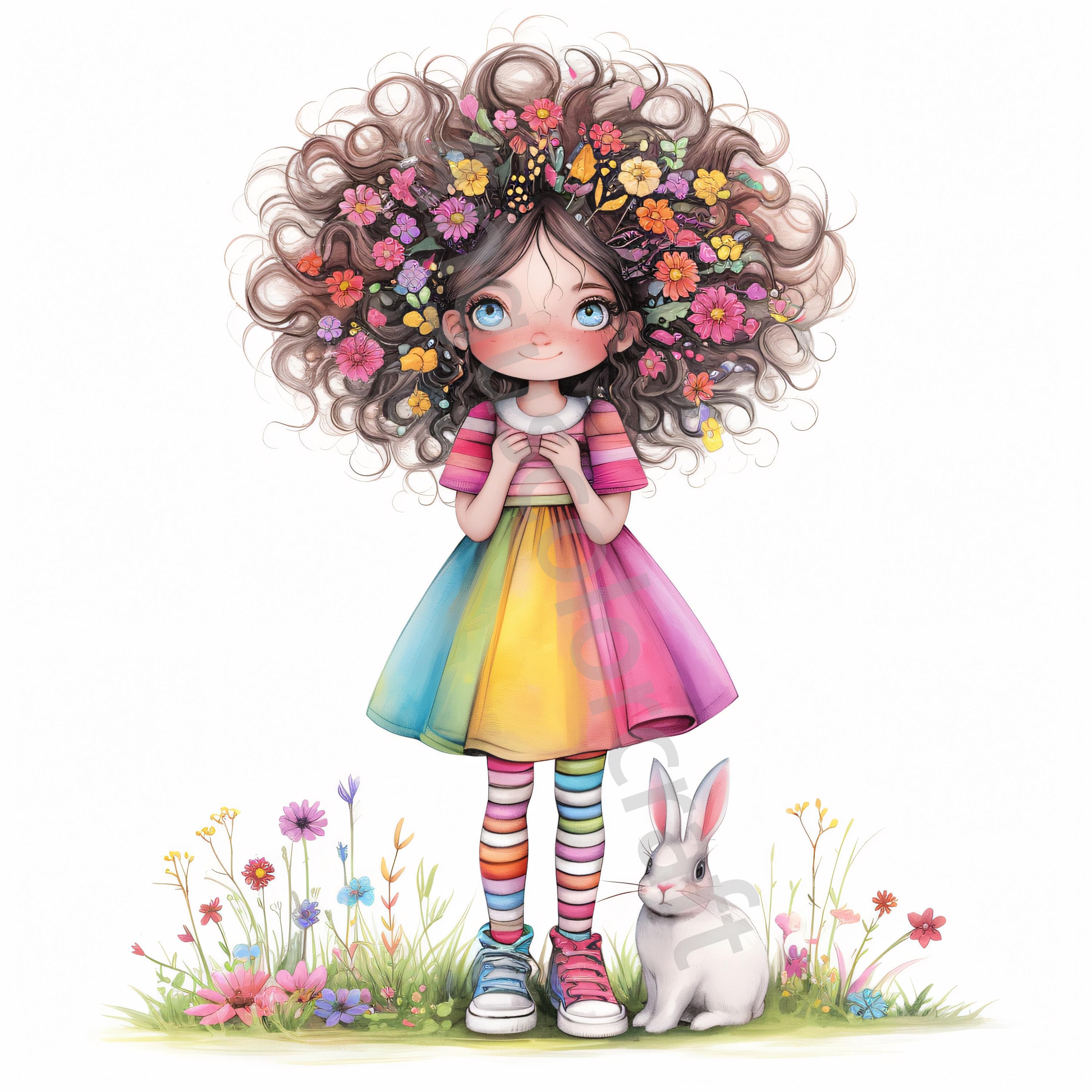 10 Quirky Girl With Bunny Clip Art, Commercial Use, Whimsical Ephemera ...
