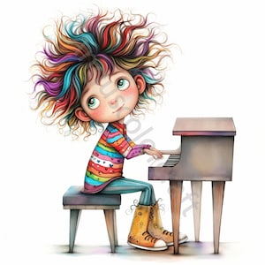 10 imágenes prediseñadas de un niño pianista peculiar en formato JPG, imágenes prediseñadas de acuarela, diario basura, álbum de recortes, creación de tarjetas, descarga digital, fantasía, niño músico caprichoso