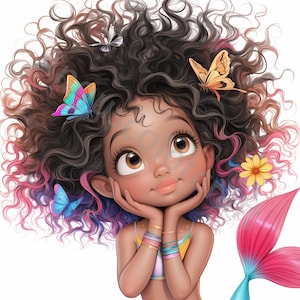 11 imágenes prediseñadas de sirena negra peculiar en formato JPG, uso comercial, efímera caprichosa, imágenes prediseñadas de sirena de acuarela de niña marrón, manualidades de papel de descarga instantánea