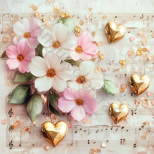 Peut inclure: Un bouquet de fleurs roses et blanches avec des accents en forme de c&oelig;ur dor&eacute;s sur une feuille de musique.