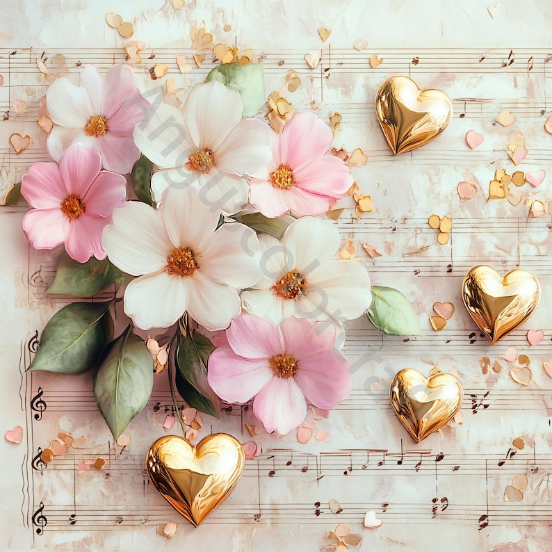 Peut inclure: Un bouquet de fleurs roses et blanches avec des accents en forme de c&oelig;ur dor&eacute;s sur une feuille de musique.
