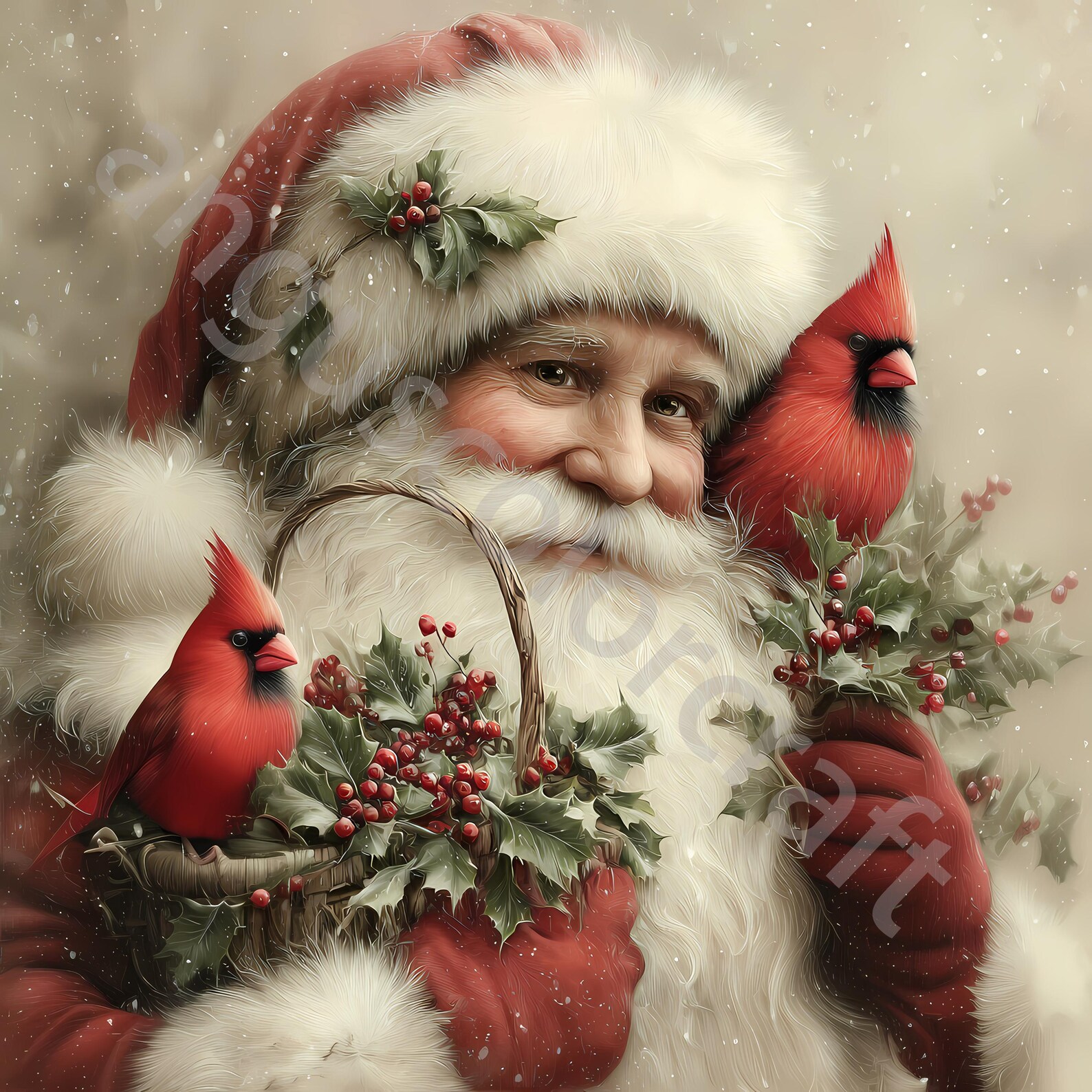 Vintage Santa With Cardinal Clip Art, Watercolor Clipart 10 JPG, Junk ...