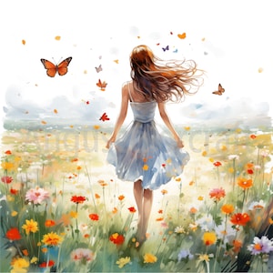 Clipart de menina e flores silvestres, -20 JPGs de alta qualidade, álbuns de recortes, livro de memórias, diário indesejado, planejador digital, uso comercial, download instantâneo