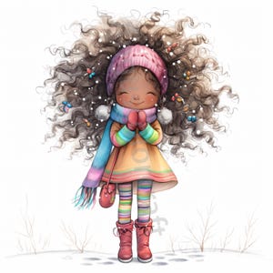 Pode incluir: Uma menina jovem com cabelo longo e encaracolado castanho est&aacute; usando um chap&eacute;u rosa, um cachecol azul, um su&eacute;ter amarelo, uma saia listrada e botas vermelhas. Ela est&aacute; em p&eacute; na neve e tem as m&atilde;os juntas na frente dela.