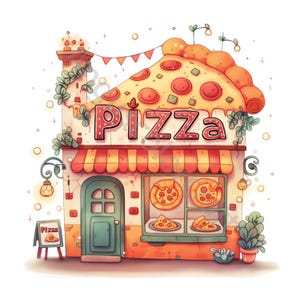 Whimsical Pizza Shop Watercolor Clip Art, Junk Journal, Card Making (10 JPG Digital Download) image 3