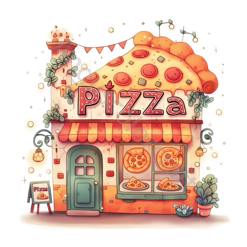 Whimsical Pizza Shop Watercolor Clip Art, Junk Journal, Card Making (10 JPG Digital Download) image 3