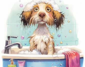 12 JPG Frazzled Dog in Bubble Bath Clip art, Watercolor Clip art, Junk Journaling, Scrapbook, Card Making Digital Download Fantasy Whimsical