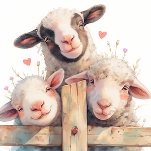 May include: Watercolor illustration of three smiling sheep with pink cheeks and ears, peering over a wooden fence. The sheep have white wool, with one having black markings. Pink hearts and small flowers are scattered around the sheep.