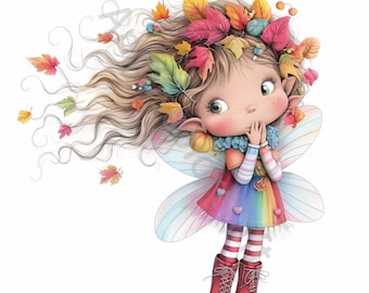 May include: A whimsical fairy with long blonde hair adorned with autumn leaves, wearing a rainbow dress and red boots. She has large green eyes and is holding her hands to her face.
