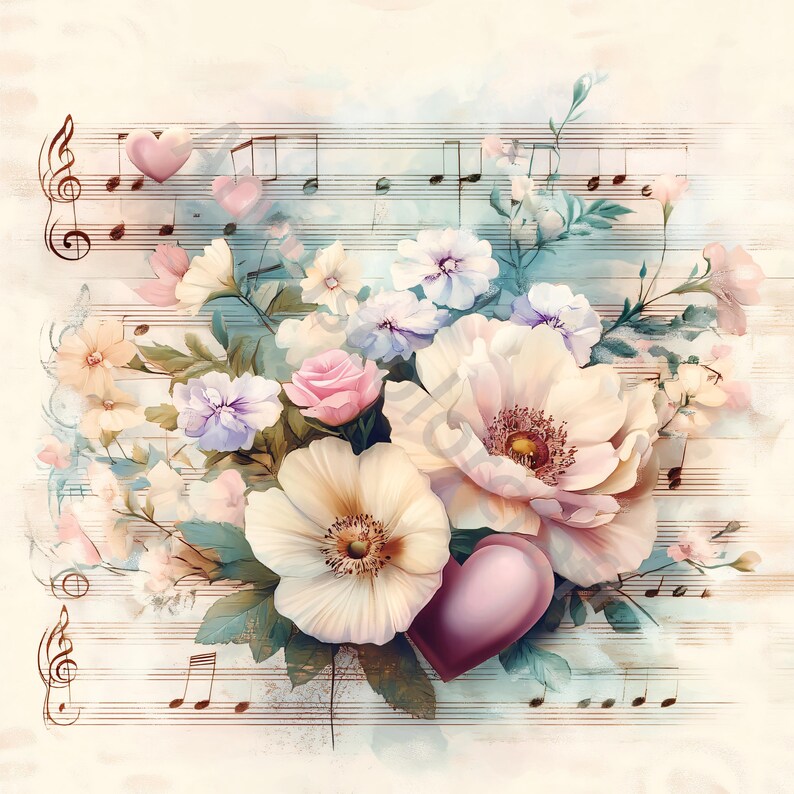 Peut inclure: Une peinture &agrave; l'aquarelle d'un bouquet de fleurs blanches, roses et violettes avec un grand c&oelig;ur rose au centre. Les fleurs sont dispos&eacute;es sur une feuille de musique avec des notes de musique.