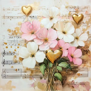 Peut inclure: Un bouquet de fleurs blanches et roses avec des c&oelig;urs dor&eacute;s sur un fond de partition musicale.