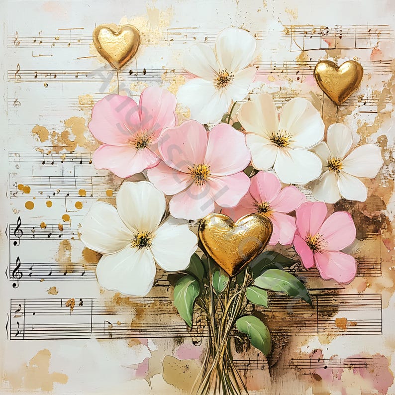 Peut inclure: Un bouquet de fleurs blanches et roses avec des c&oelig;urs dor&eacute;s sur un fond de partition musicale.