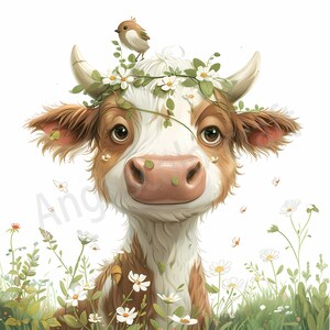 May include: A brown and white cow with a daisy flower crown on its head. The cow is surrounded by green grass and white daisies. A small brown bird is perched on a branch above the cow's head.