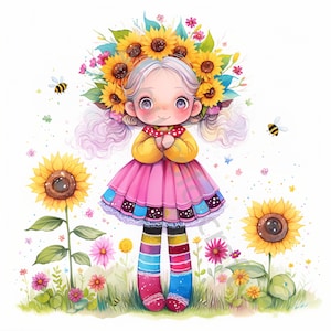 10 JPG Quirky Flower and Bees Clip art, Watercolor Clip art, Junk Journaling, Scrapbook, Card Making Digital Download Fantasy Whimsical Girl