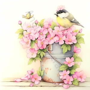 10 Imágenes prediseñadas florales de acuarela - Pájaros de acuarela con flores, Descarga digital, Pájaro lindo de flores, Artesanías de papel, Diario basura, Arte de pared