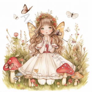 May include: A young girl with long brown hair and a flower crown sits in a field of wildflowers and mushrooms. She is wearing a white dress with red trim and has butterfly wings.