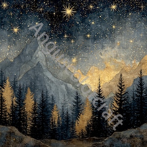Può includere: Un dipinto ad acquerello di un cielo stellato sopra una catena montuosa e una foresta. Le montagne sono grigie e dorate, con un cielo blu scuro pieno di stelle. La foresta è un mix di alberi dorati e verde scuro.