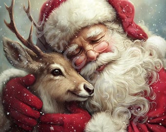 Könnte beinhalten: Eine herzerwärmende Illustration von Santa Claus, der ein Reh in einer verschneiten Szene umarmt. Der Weihnachtsmann, in seinem traditionellen roten Anzug und Hut mit weißem Fellbesatz, trägt eine Brille und hat einen langen weißen Bart. Das Reh hat braunes Fell und ein Geweih.