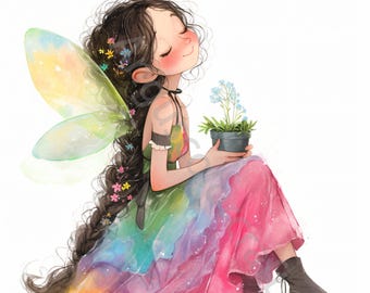 May include: A watercolor illustration of a fairy with long dark hair adorned with flowers and colorful wings. She wears a rainbow-colored dress and holds a small potted plant with blue flowers. The fairy is smiling with her eyes closed.